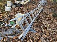 Full view of the extended aluminum multi-position ladder placed on ground covered with dry leaves and some surrounding buckets.