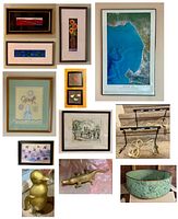 Overview photo of all items together including framed art, sculptures, metal bench legs, and bowl.