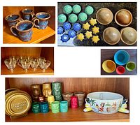 Overview of all ceramic mugs, dishes, bowls, espresso cups and Tiki themed bowls and containers displayed on wooden shelves.