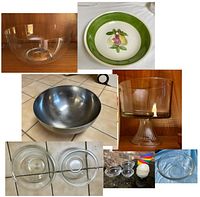 Overview collage showing large clear glass Tiffany & Co salad bowl, vintage hand-painted fruit bowl, Ikea stainless steel mixing bowl, Anchor Hocking pedestal trifle bowl, Pyrex mixing bowls, and small ingredient bowls.