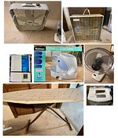 Multiple small and large fans, humidifiers, iron, and ironing board displayed together on floor and table