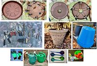 Overhead view of gardening tools, plant pots, watering cans, gloves and accessories arranged on the ground.