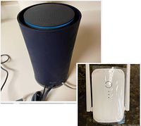 Google OnHub router showing top with ventilation holes and blue LED ring; Macard N300 WiFi extender with two antennas on right side in white casing.