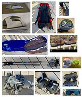 Multiple items including backpack, sleeping bag, boots, skis, roller skates with pads, water bottles, and goggles placed for display on wooden surface.
