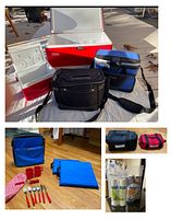 Multiple images of picnic accessories including picnic tote, cutlery, cups, and insulated bags