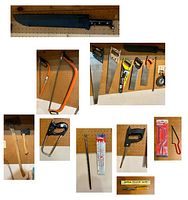 Mostly overhead view of various saws including bowsaws, Stanley handsaws, back saws hung on a pegboard, with axes and a machete visible.