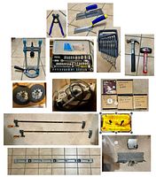 Overview collage image showing all tools laid out on floor, including wrenches, hammers, miter boxes, clamps, drill guide, saw blades, and v-notched trowels.