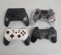 Top view of all four game controllers showing button layouts and colors