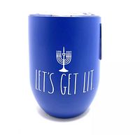 Front view of blue Rae Dunn tumbler with white menorah illustration and text 'LET'S GET LIT.'