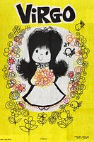 Front view of the 1970s Virgo zodiac tea towel with bright yellow background and cartoon girl character