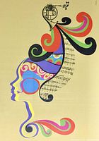 Close-up of the colorful abstract woman profile serigraph artwork by David Neeman, showing vibrant swirling colors, musical notes, and trumpet detail.