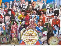 Close-up of the collage-style art print featuring numerous cultural figures and characters inspired by the Beatles Sgt. Pepper album cover.
