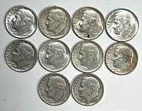 Top side of 10 Roosevelt dimes showing the profile of Franklin D. Roosevelt and dates ranging from 1946 to 1963.