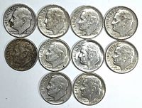 Front view of 10 Roosevelt dimes showing obverse side with Liberty and Roosevelt's profile. Visible dates include 1940, 1959, 1962, 1963, 1964.