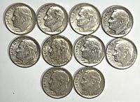 Obverse view showing Roosevelt's portrait on 10 silver dimes with visible dates between 1950 and 1963.