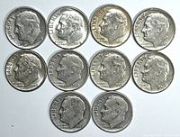 Obverse side showing Roosevelt's profile on each of the 10 dimes with various mint years from 1940 to 1964.