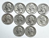 Obverse sides view showing George Washington's portrait and dates ranging from 1936 to 1964 on ten quarters.