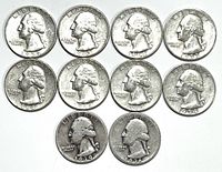 Obverse side of 10 Washington quarters, showing George Washington profile with dates ranging from 1936 to 1964