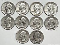 Obverse sides of ten Washington quarters showing dates 1948, 1949, 1950, 1952 (two coins), 1953, 1954, 1962 (two coins), 1964
