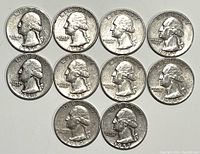 Obverse view of 10 U.S. Washington quarters from 1944 to 1964 showing George Washington portrait with dates and inscriptions.
