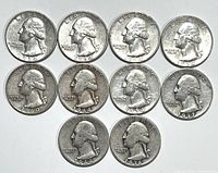 Obverse side of ten U.S. Washington quarters showing George Washington's profile with dates and inscriptions.