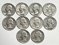 Front sides of ten Washington quarters arranged in two rows showing dates from 1945 to 1964.