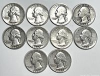 Obverse view showing George Washington on all 10 pre-1965 quarters with visible dates.
