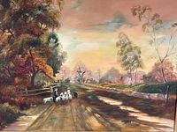 Wide view of entire painting showing pastoral landscape with trees, sky, and shepherd with flock