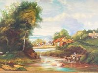 Close-up of the oil painting showing the village scene with detailed trees, watermill, horse-drawn cart, and stream.