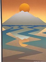 Close-up photo showing the upper half of the lithograph depicting the mountain and sun with warm orange and gray tones.