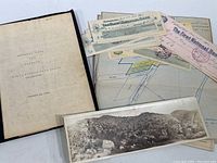 Photo showing the folder of typed reports, vintage bank checks, map, and panoramic photograph