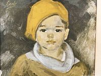 Close-up of the child's face in the print showing brushstroke details and the yellow hat.