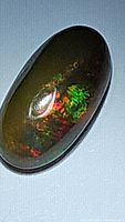 Close-up of the natural chocolate Ethiopian opal oval cabochon showing vibrant rainbow floral flash colors under light.
