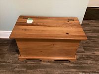 Front view of small solid wood chest showing natural finish, top surface, and hardware.