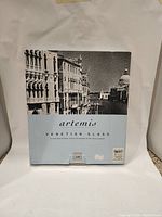 Box packaging with black and white Venice canal image and Artemis Venetian Glass branding.