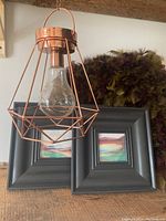 Two framed watercolor paintings, small scale, beneath a hanging copper wire battery light and next to moss/merlot feather wreath