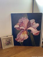 Large original iris painting with a detailed purple and pink iris flower on dark background, canvas mounted on board, 24x20 inches