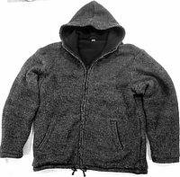 Front view of charcoal grey wool hooded jacket with zipper and pockets.