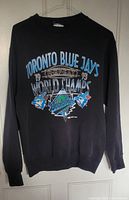 Full view of black sweatshirt hanging on hanger showing front graphic design commemorating 1993 Toronto Blue Jays World Series championship.