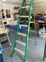 Green Davidson fiberglass step ladder standing open on a patterned floor in a garage setting, showing six steps, metal reinforcements, safety labels, and a top platform.