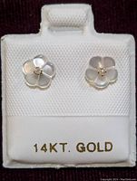 Front close-up of the 14K gold flower-shaped earrings with small diamonds set in the center, mounted on a white display card marked '14KT. GOLD'.
