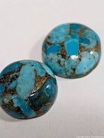 Two polished round turquoise cabochons with black and brown matrix patterns on white background