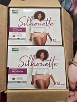 Box containing two Depend Silhouette large/XL maximum absorbency incontinence underwear packages, each with 12 count