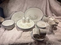 Full set showing all items including cups, saucers, bowls, plates, serving platter, vegetable bowl, creamer, and sugar bowl arranged on fabric background.