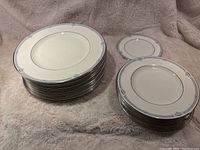 Stack of plates including 13 dinner plates, 10 lunch plates, and 1 side plate showing size difference and pattern consistency.