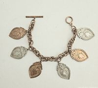 Full view of the vintage brass charm bracelet with six shield-shaped charms.