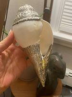 Side view showing white conch shell body with silver pointed mouthpiece and midband mounting, shell interior visible at broken edge.