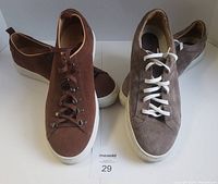 Two pairs of Ron White men's suede sneakers, brown and grey, size 46 UK, shown side by side.