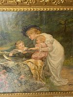 Close-up of central scene showing a young woman and two children with toy boat