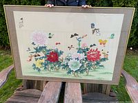 Full view of the large framed antique Chinese silk painting with flowers and butterflies in vibrant colors.